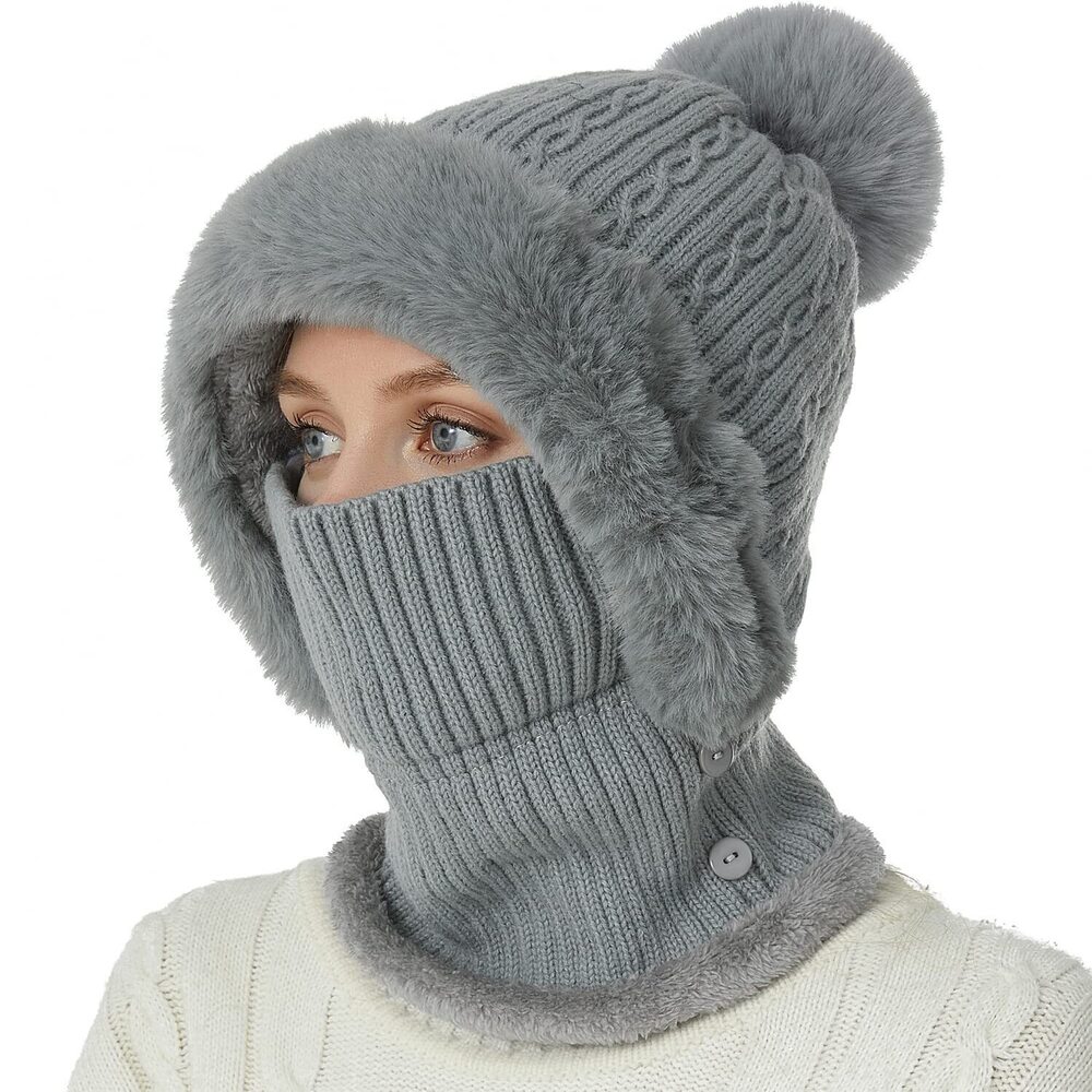 8439 Winter Knit Balaclava One Piece Skull Beanie Hat Neck Circle Scarf Set